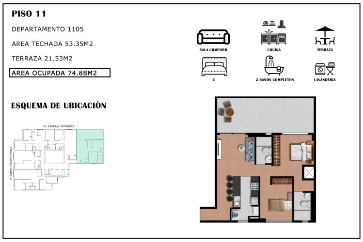 Área 53.35m2 terraza 21.53m2 Depa: 1105