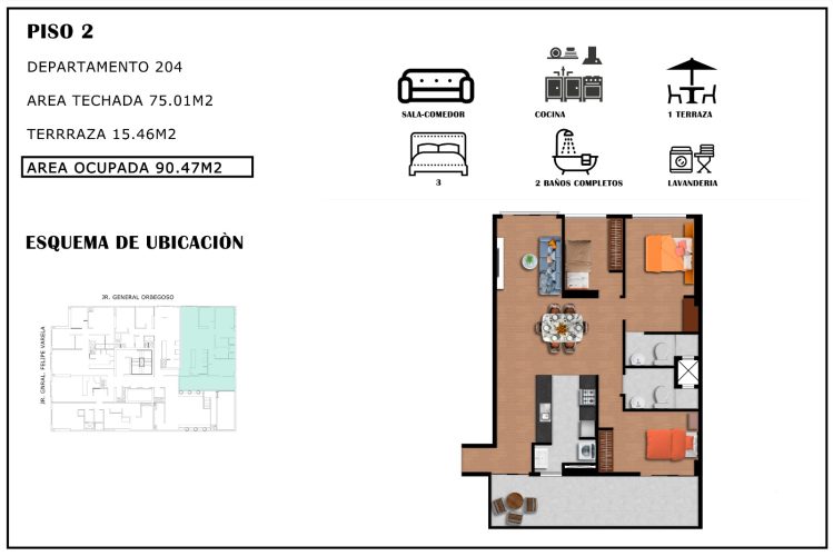 Área 75.01m2 terraza 15.46m2 Depa: 204