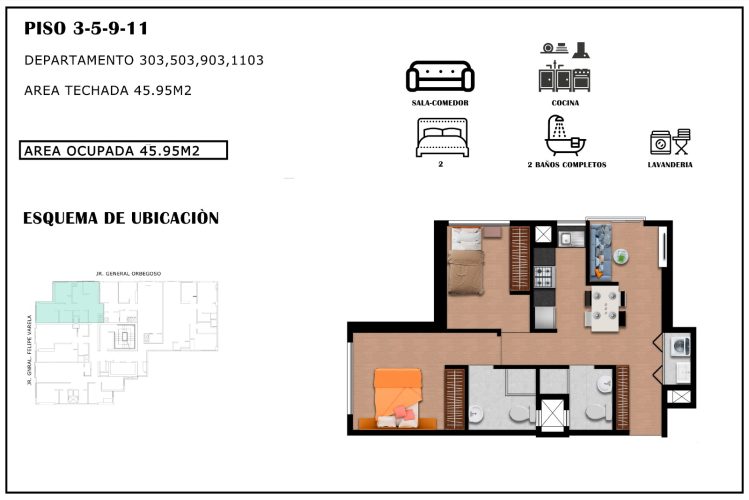 Área 45.95m2 Depa: 303,503,903,1103
